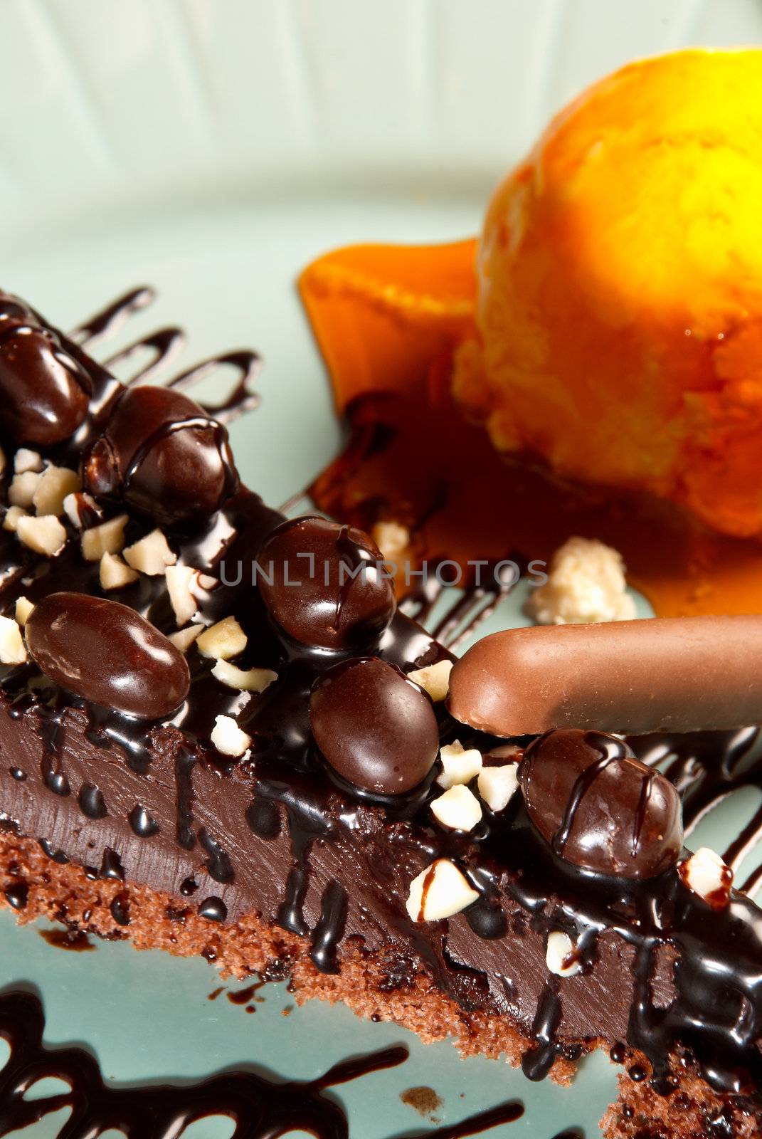 Chocolate coffe cake served with fruit ice cream