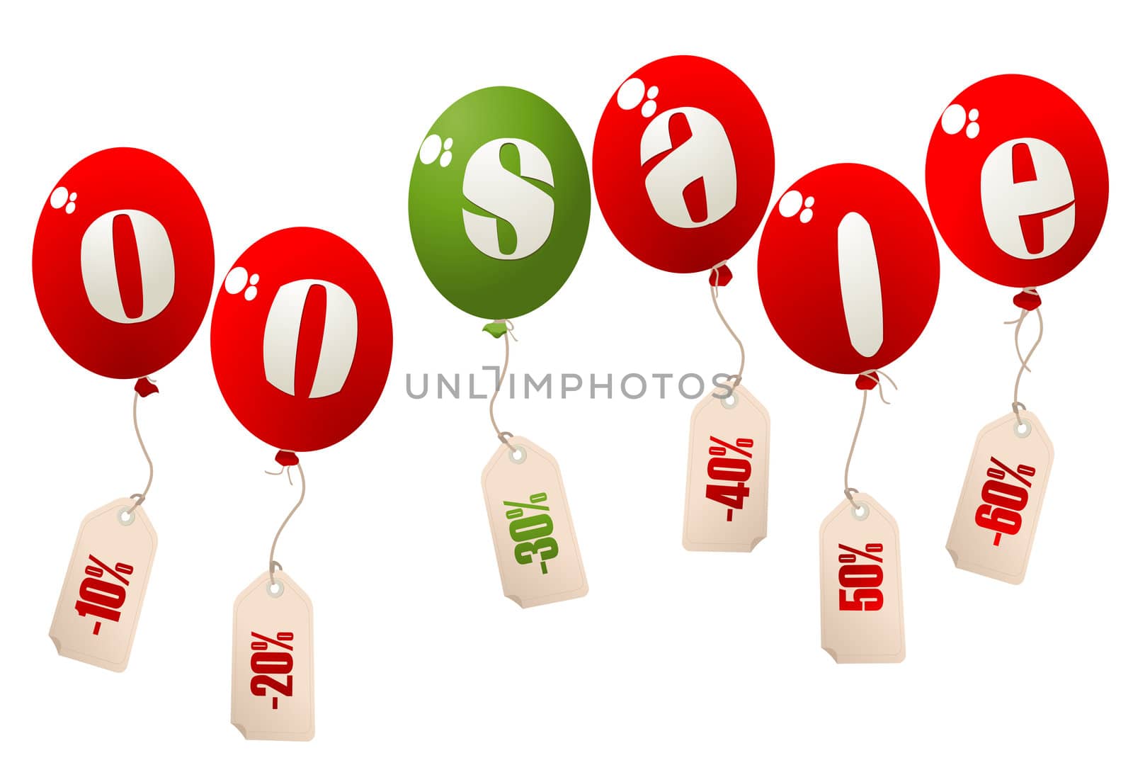 on sale concept on helium balloons and price, retail tags. Isolated objects over white background