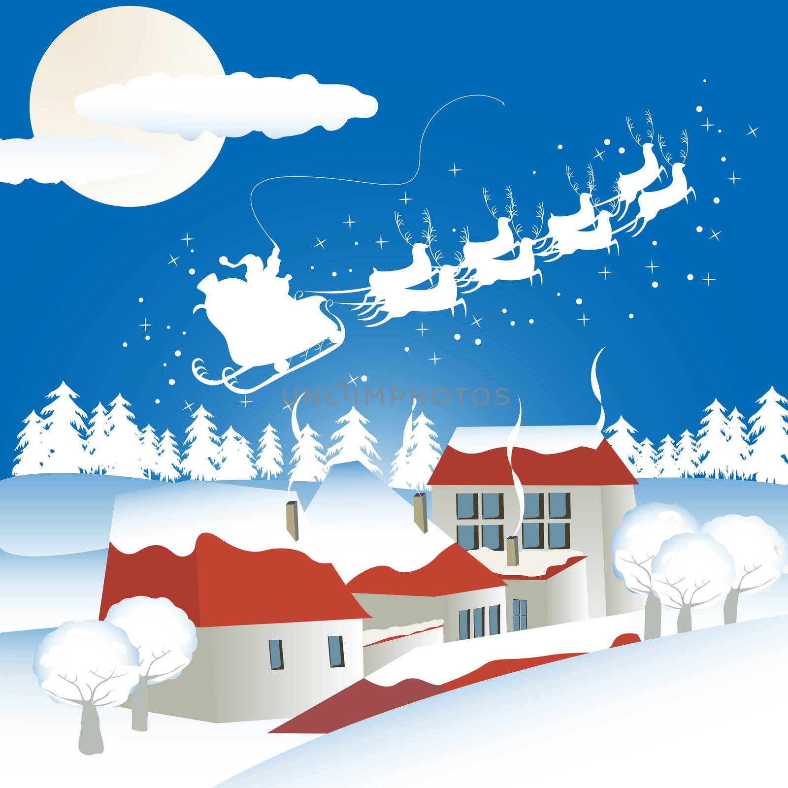 Christmas background with santa flying over a village with gifts