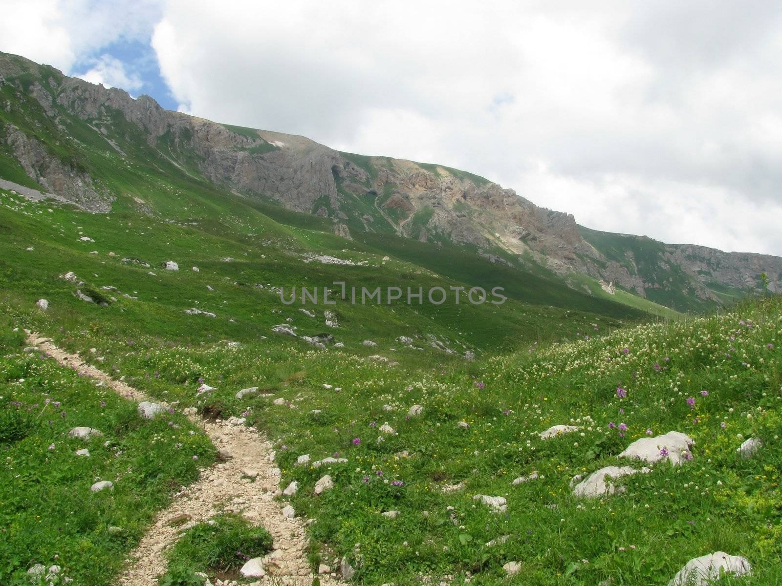 Mountains; rocks; a relief; a landscape; a hill; a panorama; Caucasus; top; a slope; clouds; the sky; a landscape