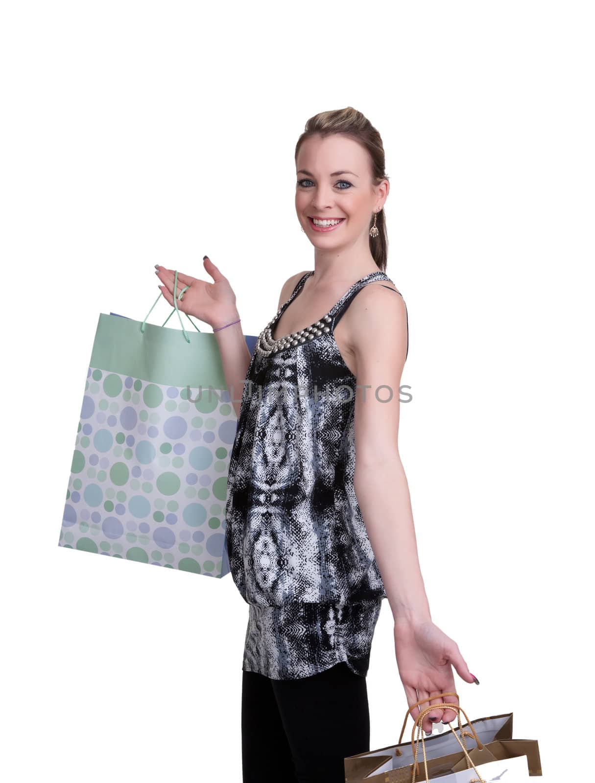 pretty young woman with shopping isolated on white