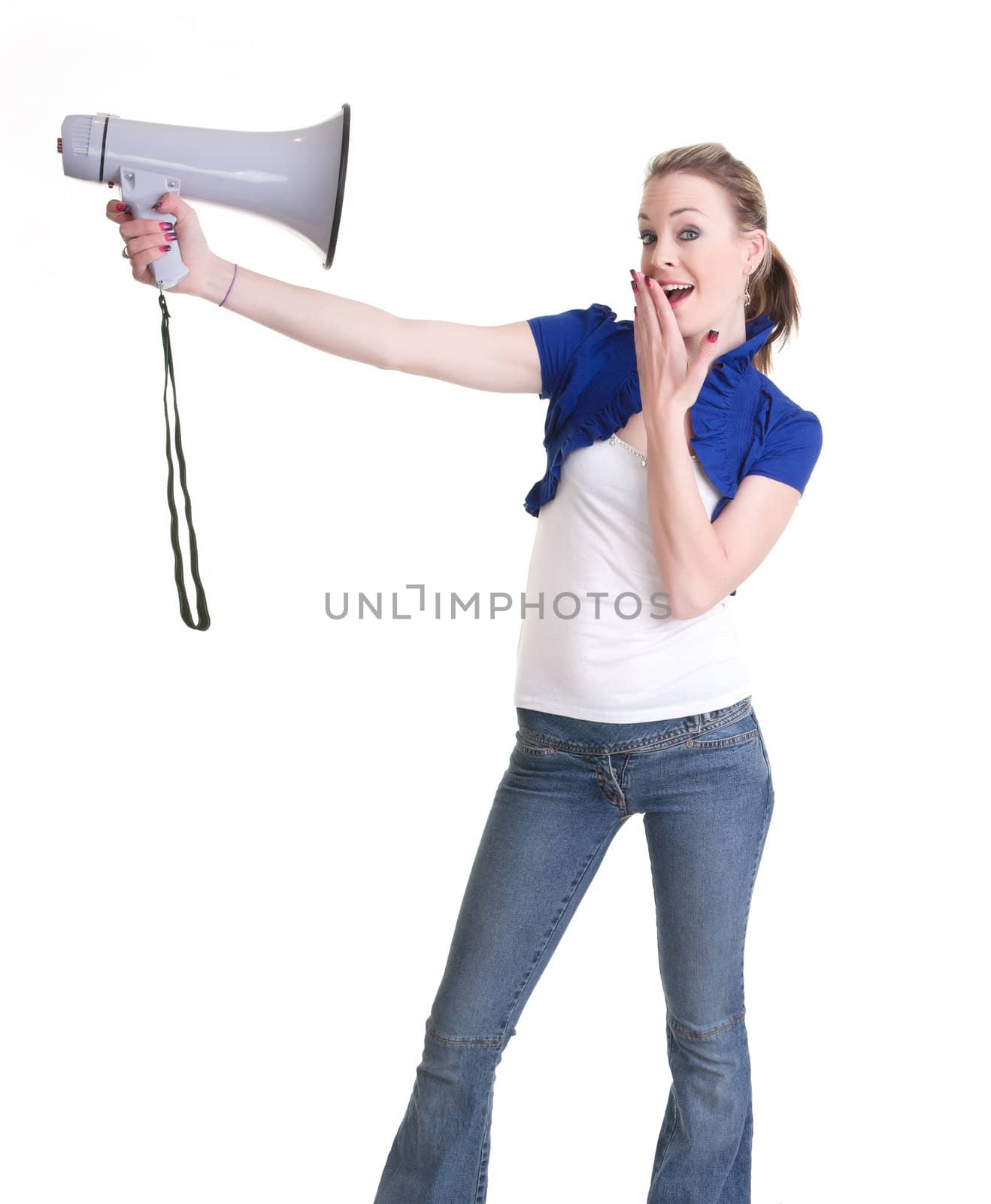young woman with bullhorn isolated on white background