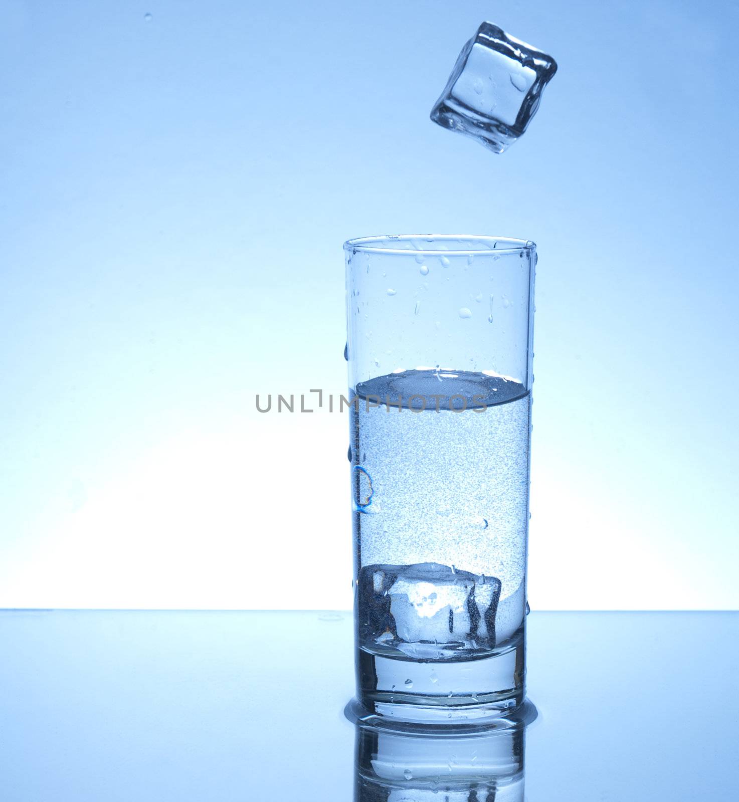 Ice cube falling in a glass of water