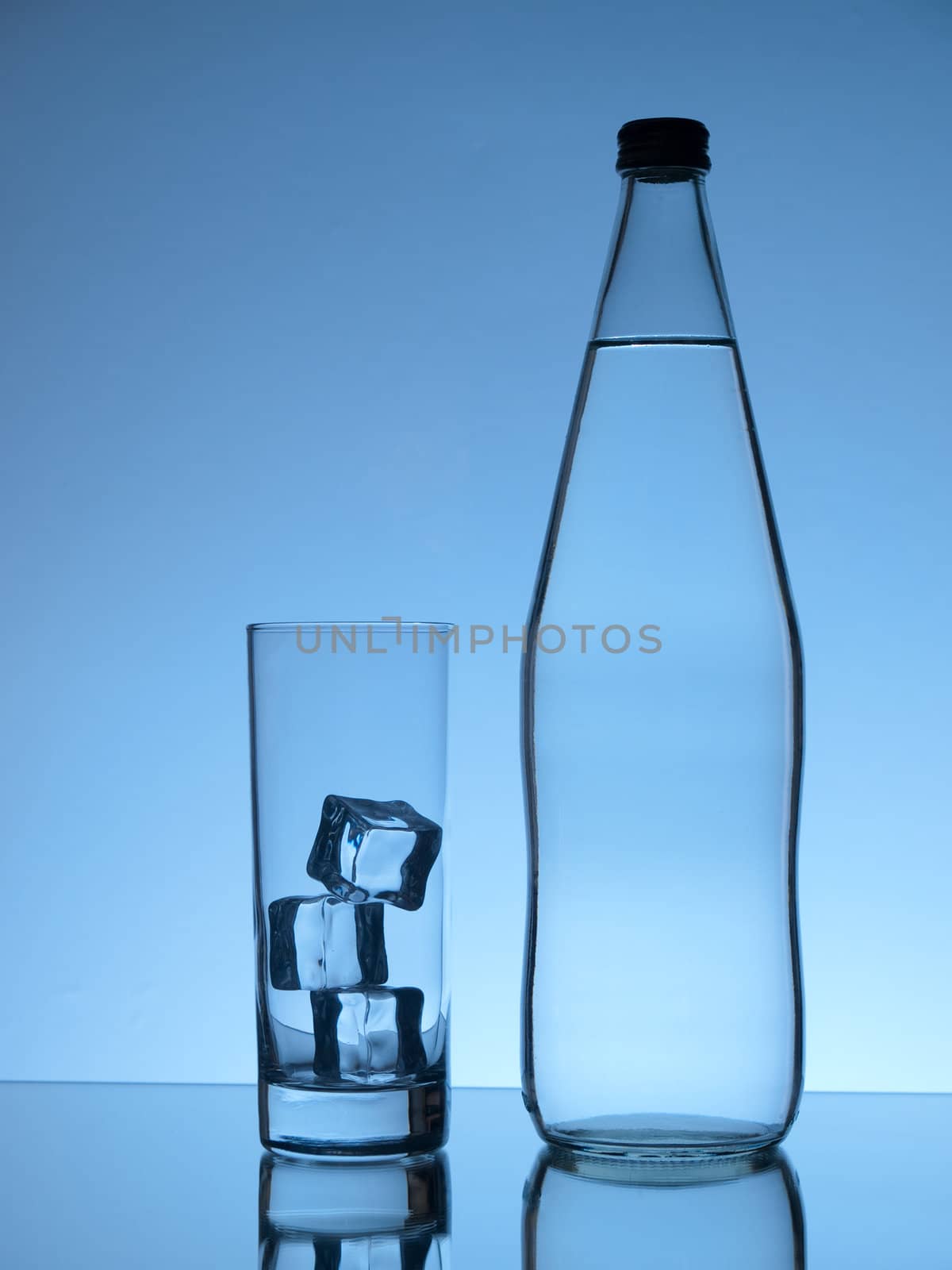 Glass with ice cubes and a bottle