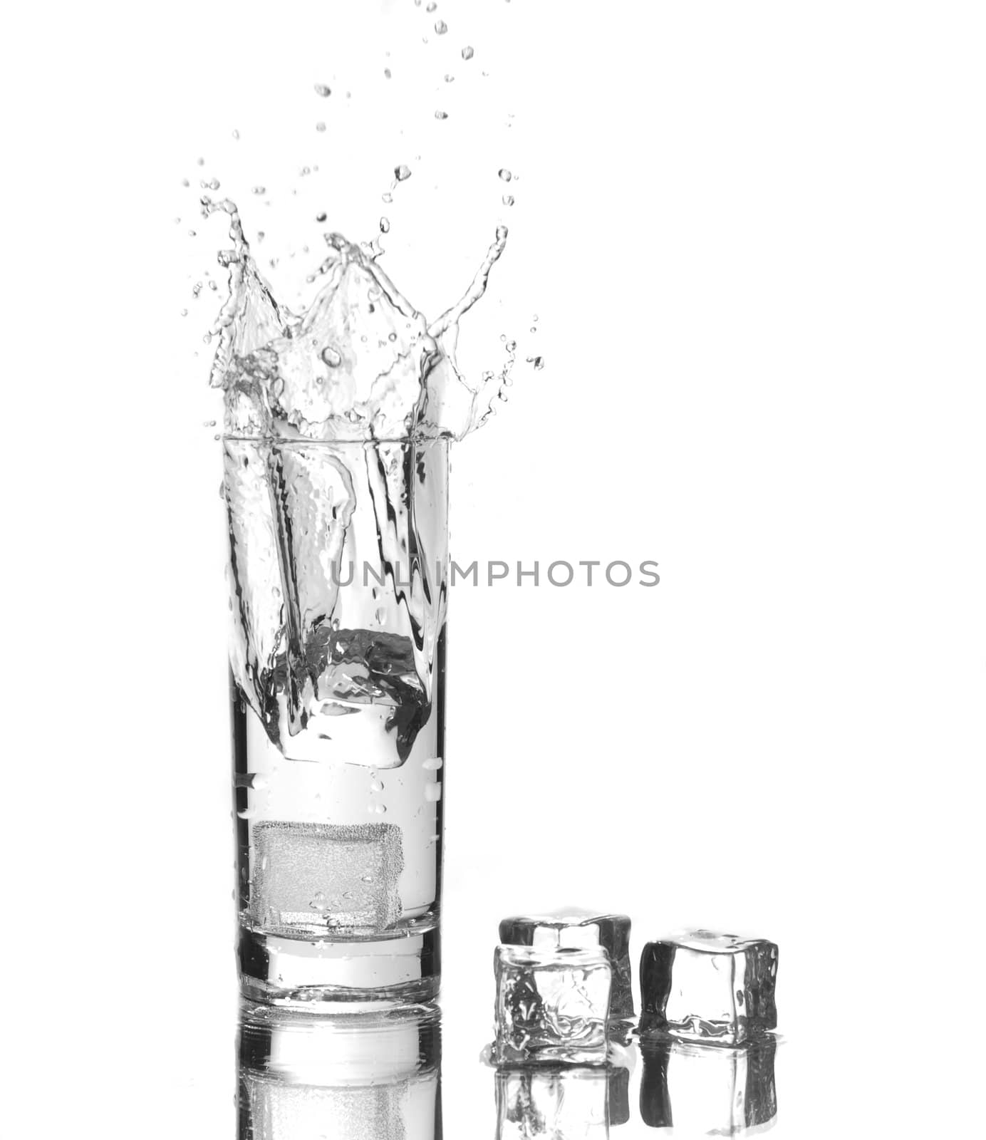 Sparkling water splashed in a transparent glass