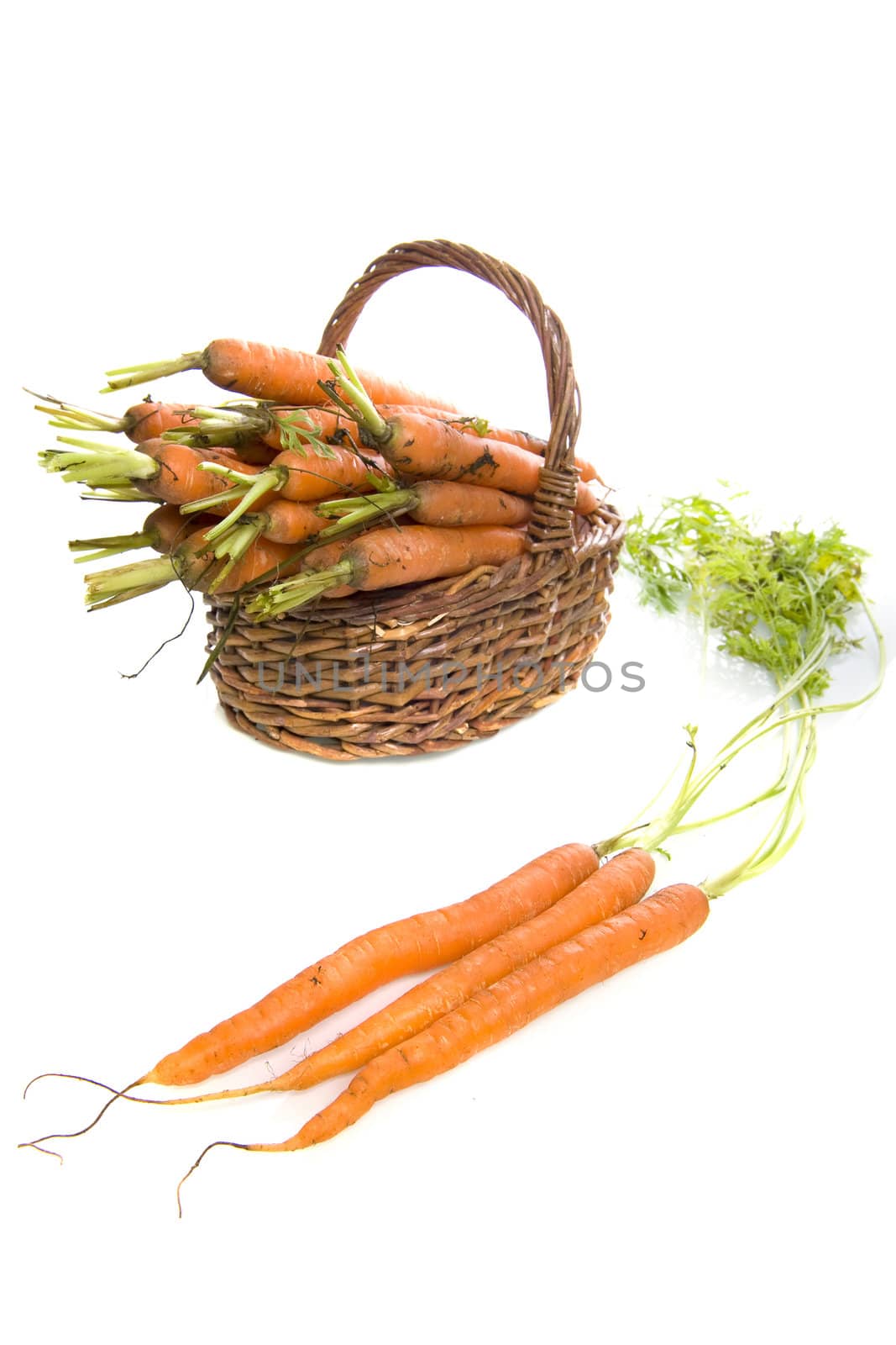 healty colorful carrots in a basket on a white background