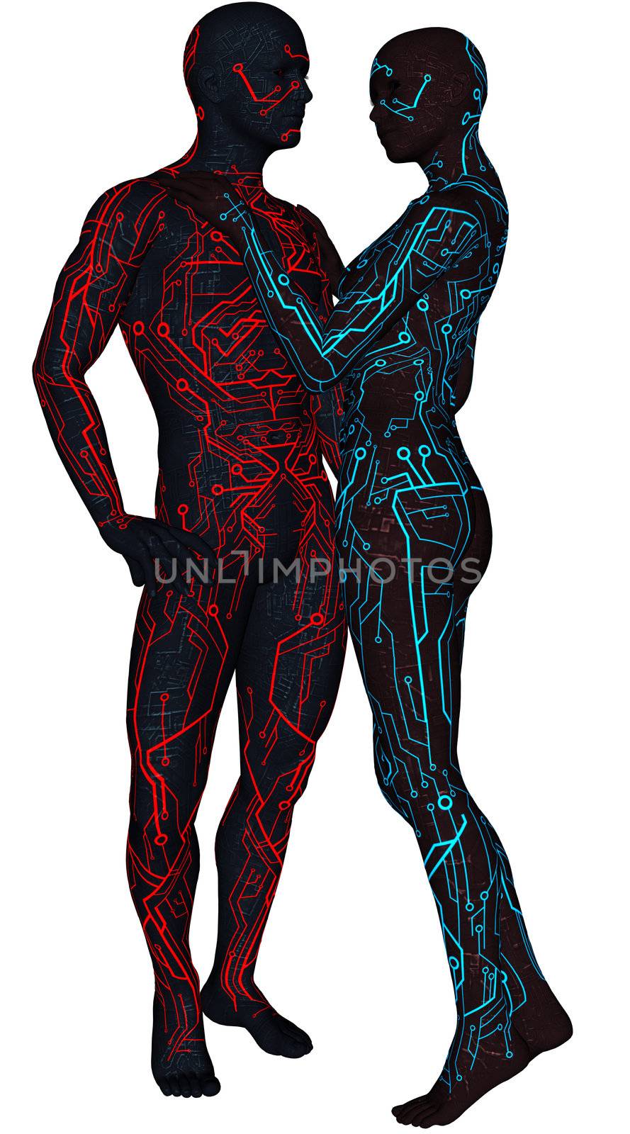 3D rendered futuristic pair of androids on white background isolated