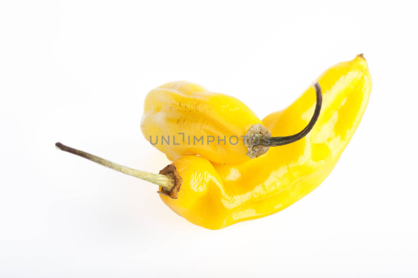 Two yellow hot peppers on white background.