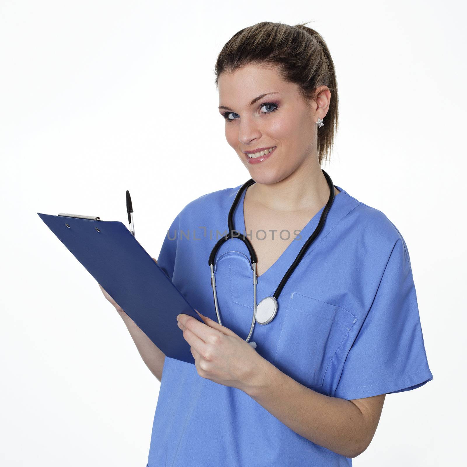 woman doctor with pen and stethoscope in studio