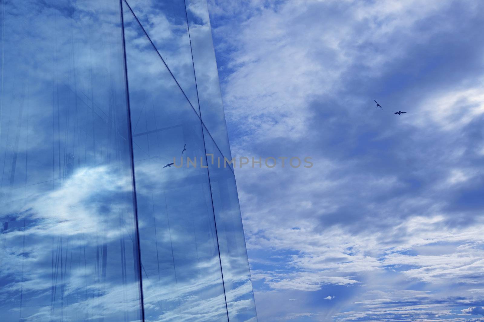 Clouds and blue sky reflection in glass skyscraper