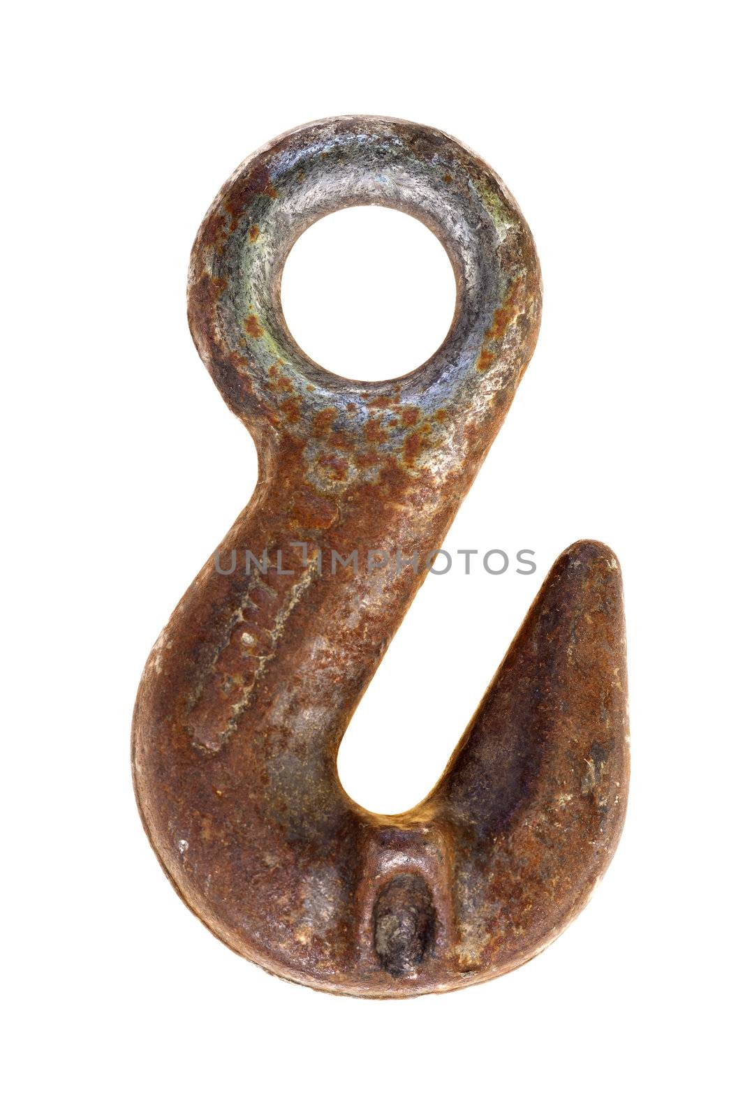 Detail of the old rusty hook on white background