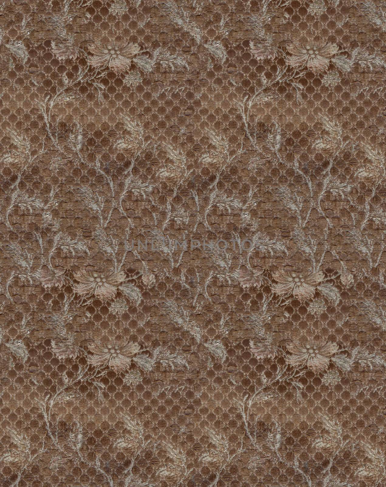 Seamless close up of a brown fabric background with flowers