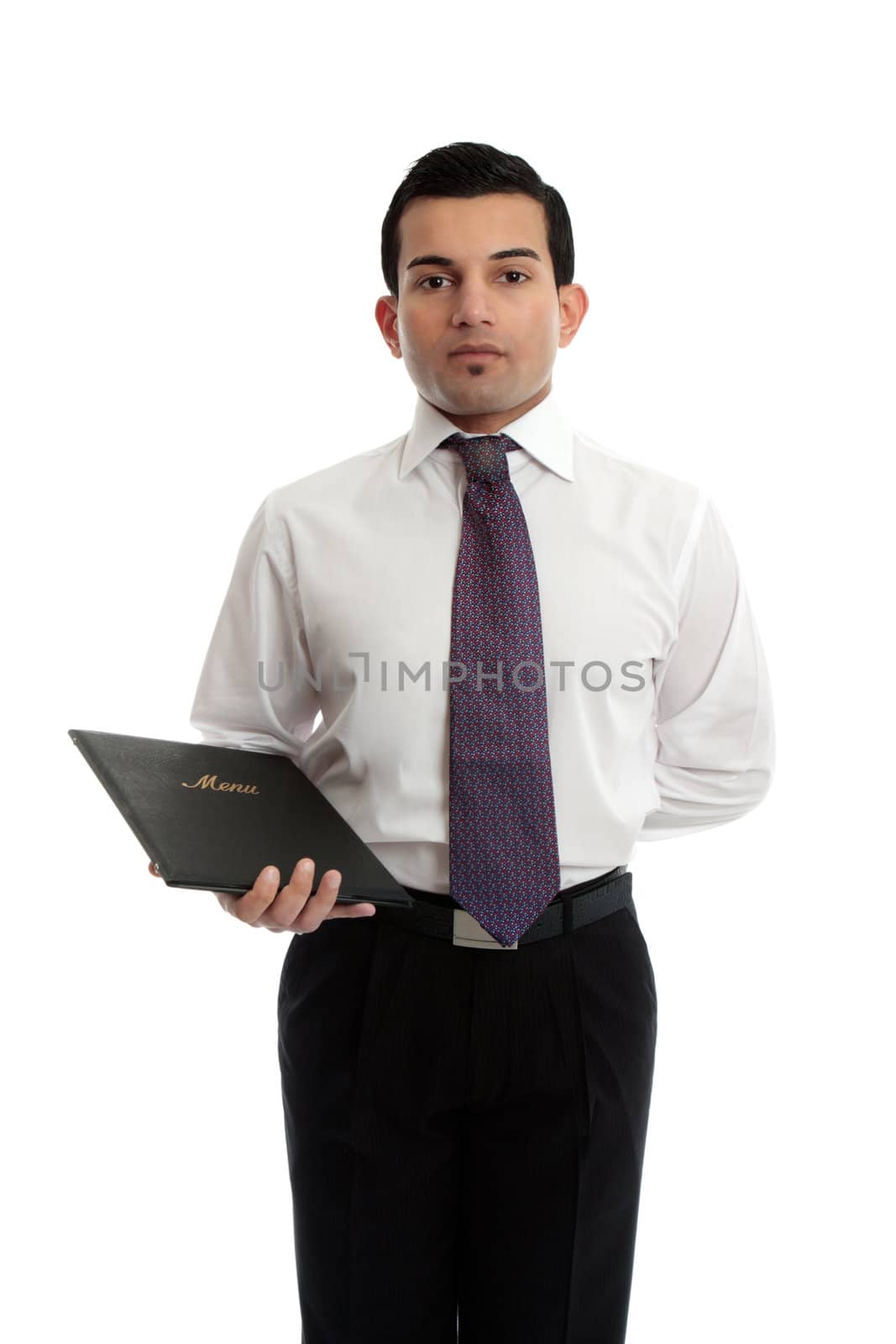 A waiter or other professional stands with a menu (or other folder)  in one hand.   White background.