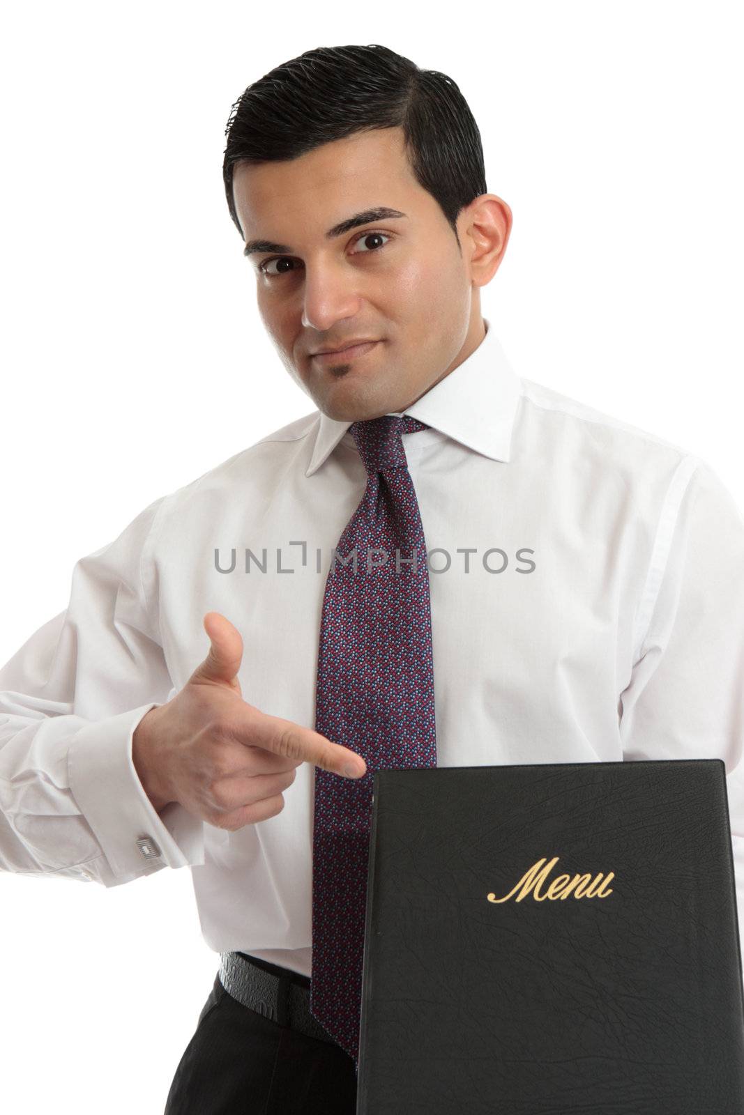 A businessman or waiter holding a leather bound menu or other document.