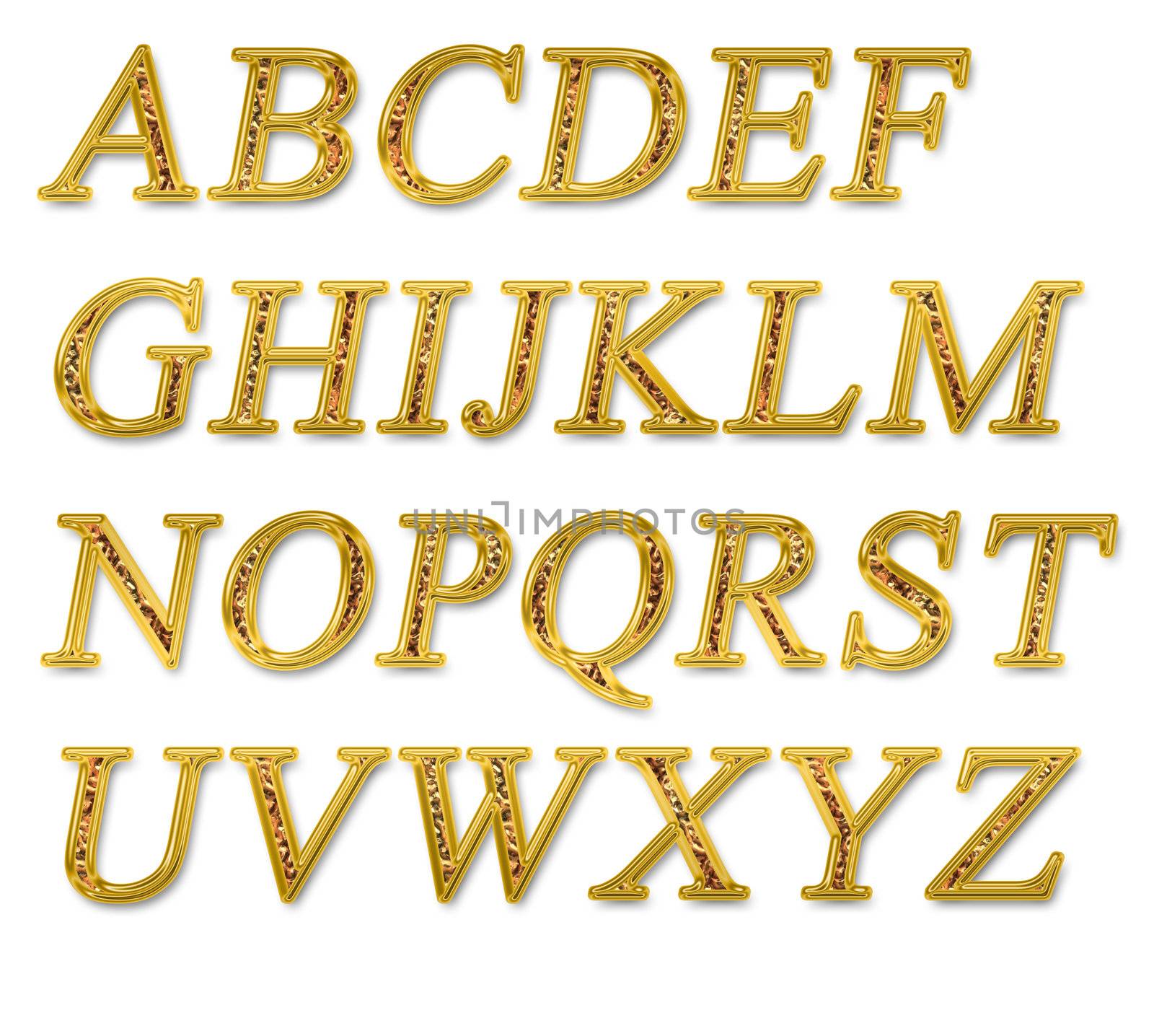 Alphabet on a white background with a gold texture