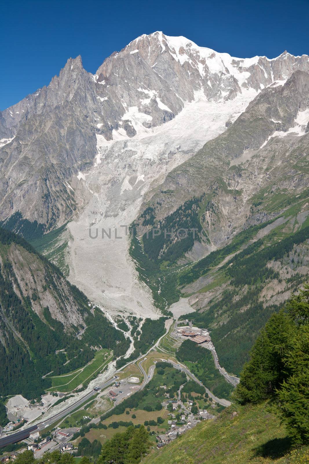 summer view Mont Blanc from Ferret valley, Courmayeur, Italy.