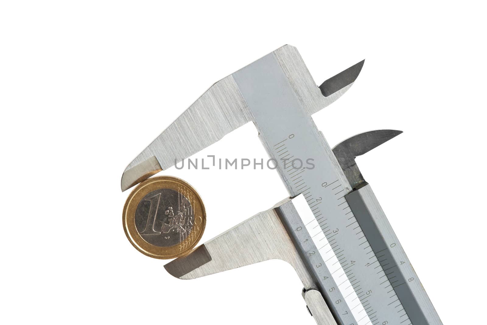 caliper with one euro coin isolated on white background with clipping path