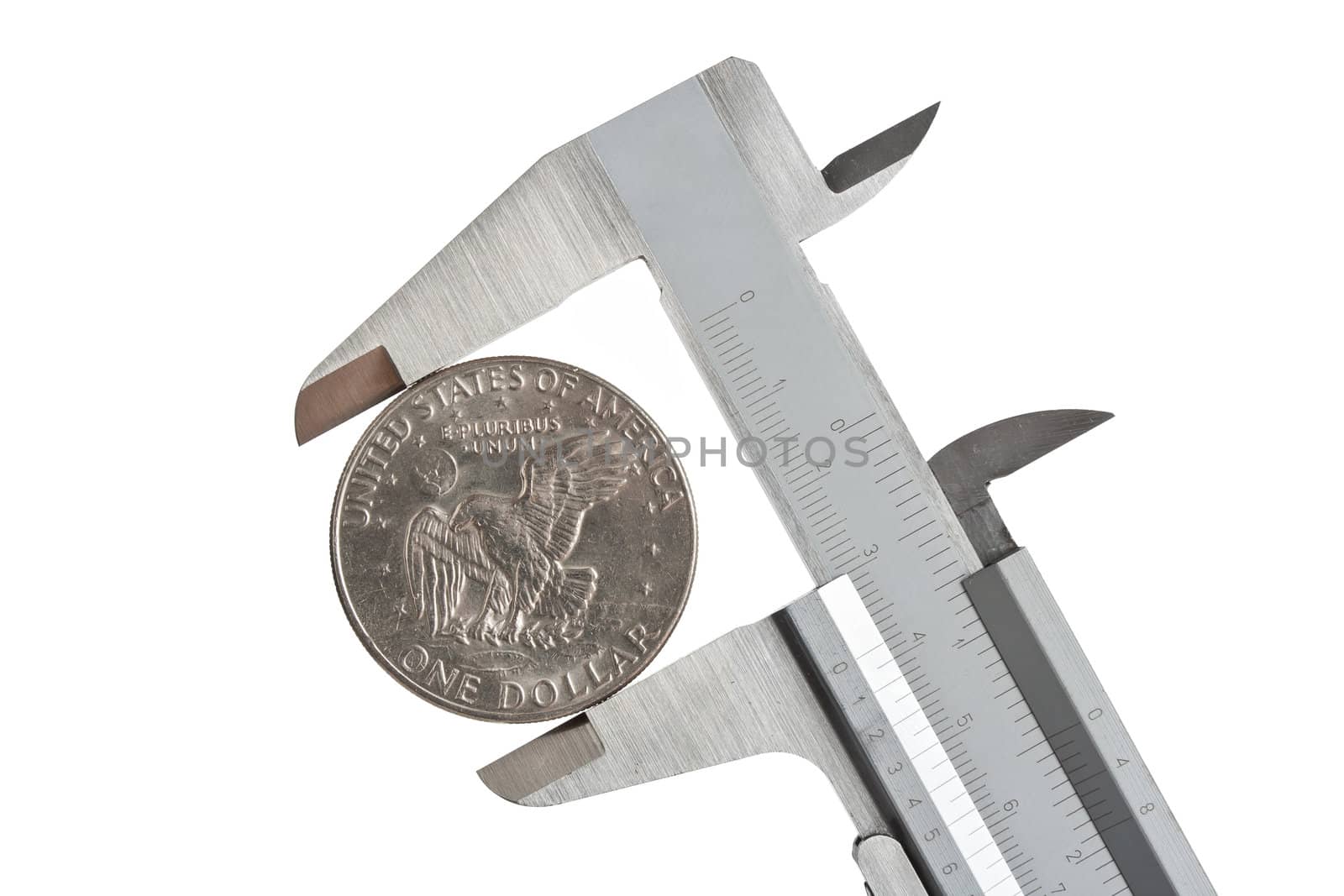 caliper with one dollar coin isolated on white background with clipping path