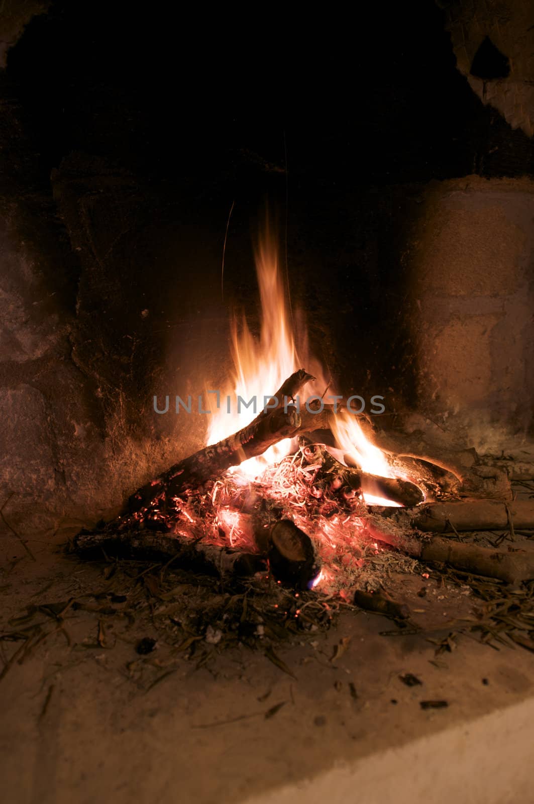 burning wood in fireplace