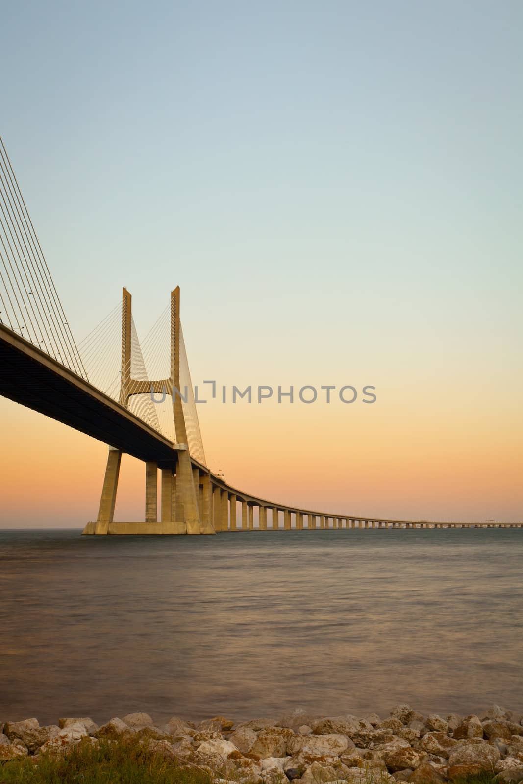 View of Vasco da Gama bridge at sunrise.