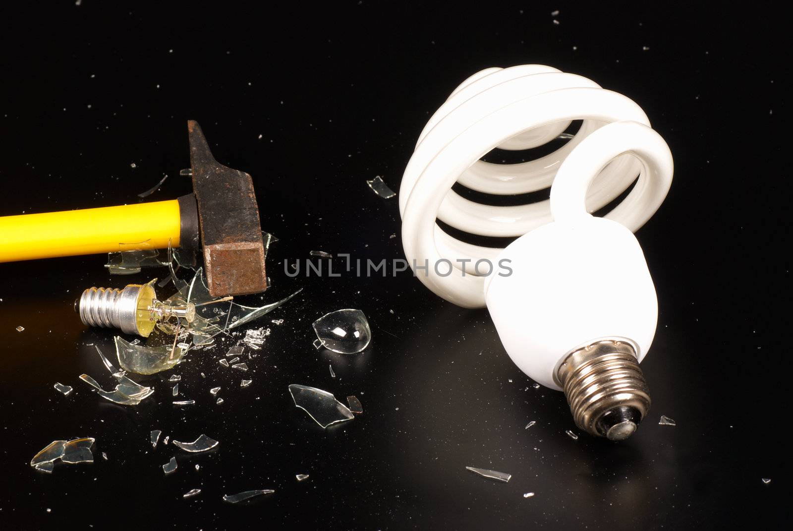 Traditional versus energy saving bulb, environmental concept
