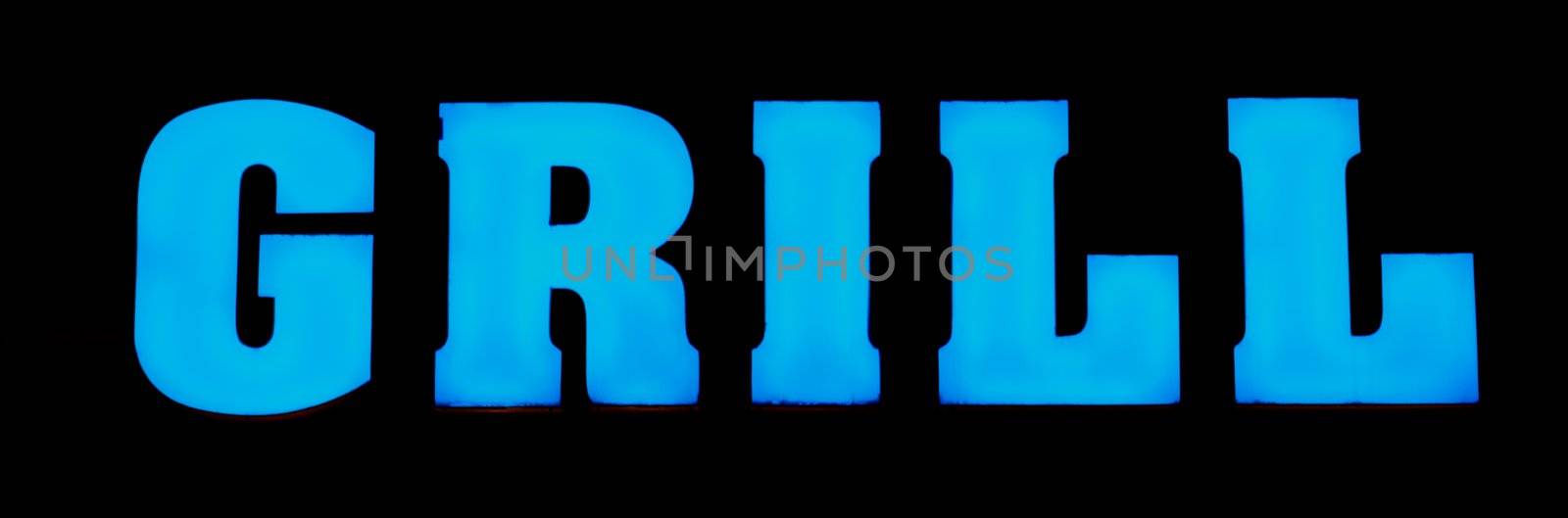 A blue neon "GRILL" sign over a black background