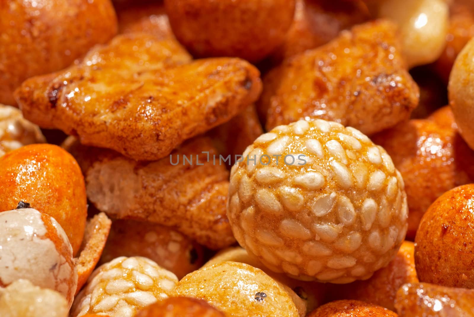 Closeup background of assorted Japanese rice crackers