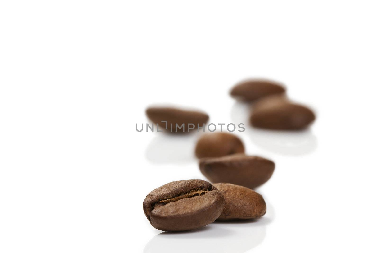 focus on a coffee bean in front of others on white background