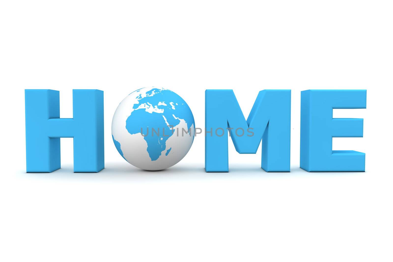 blue word Home with 3D globe replacing letter O