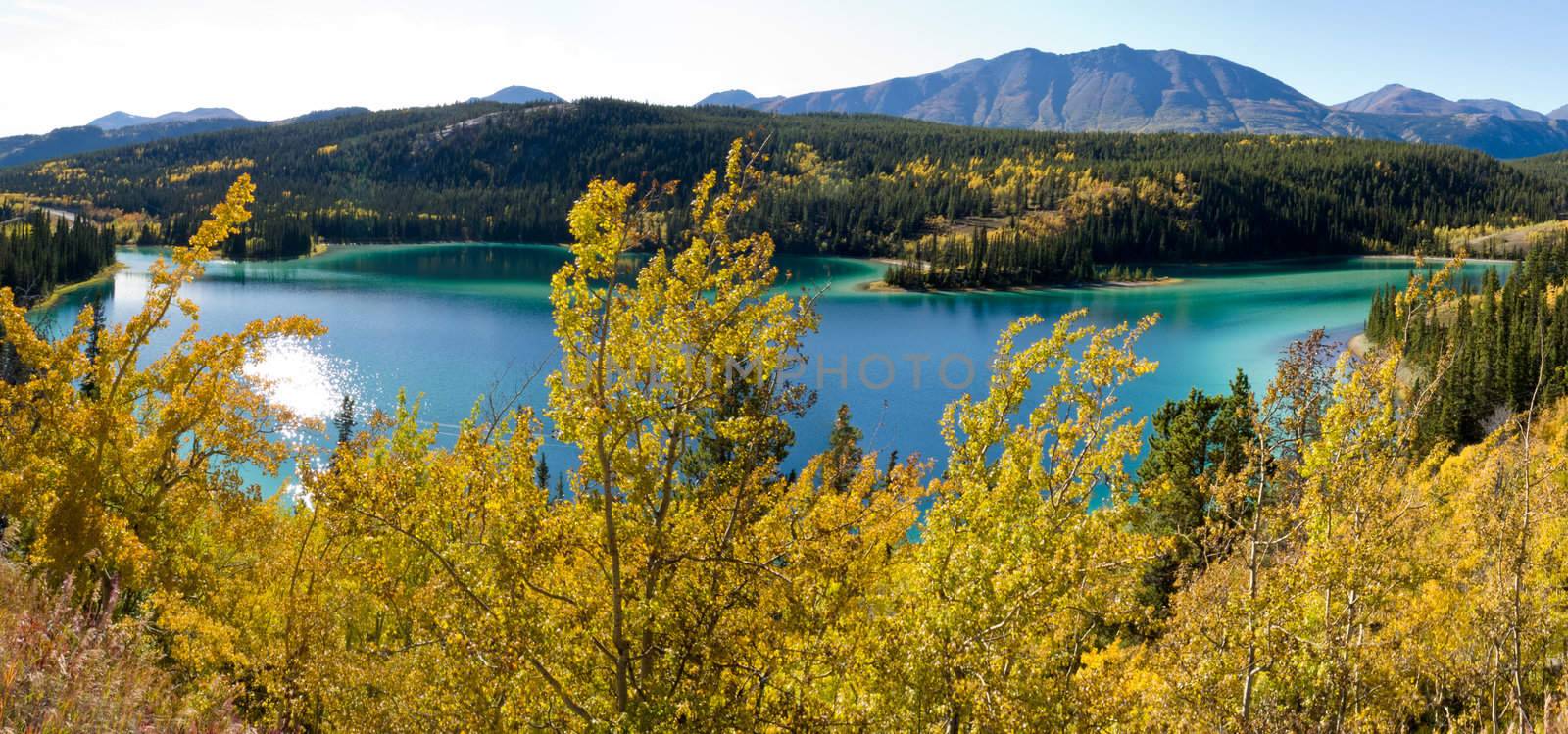 Panorama of fall colors at Emerald Lake near Carcross, Yukon Territory, Canada