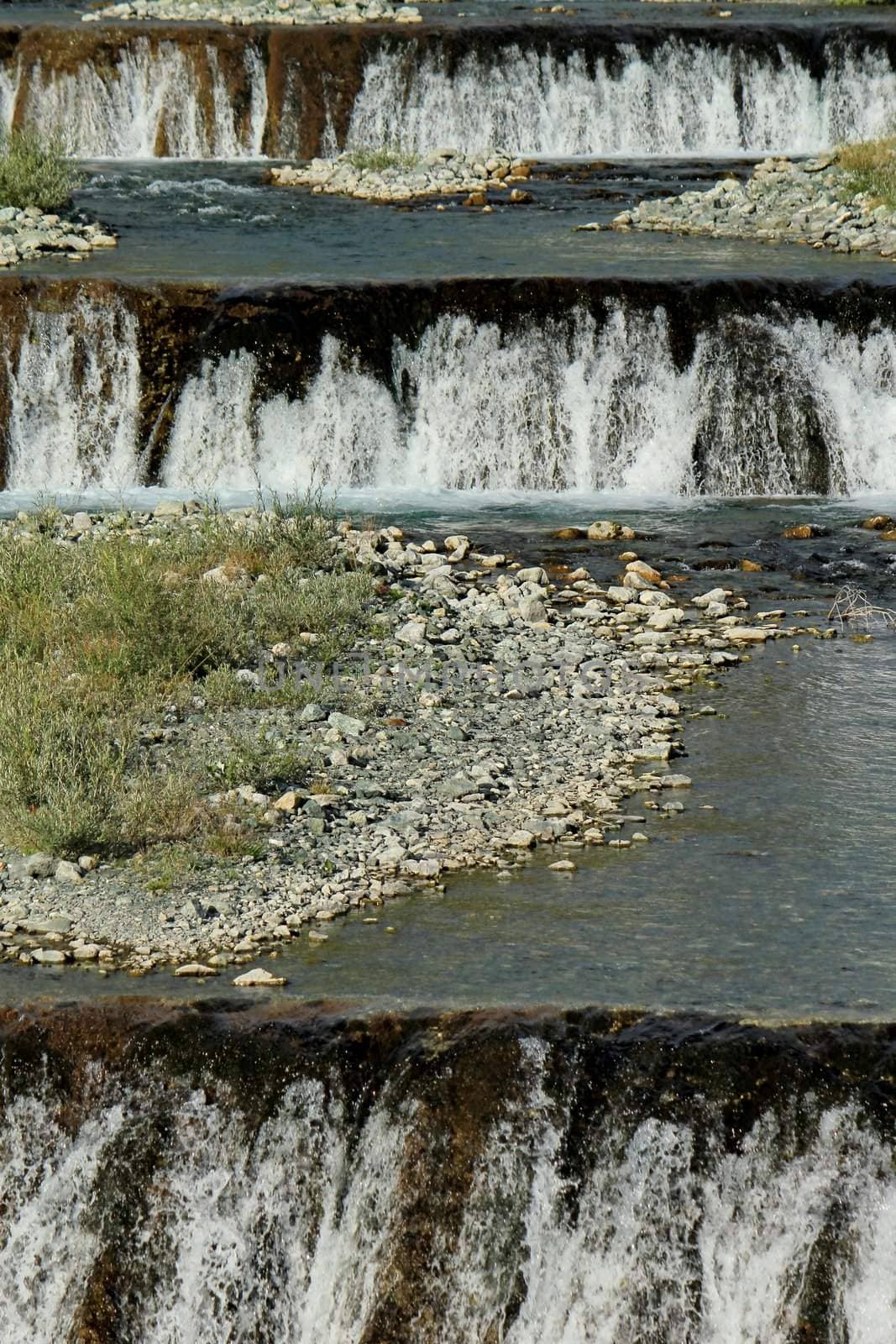 Spring water cascades on a mountain river