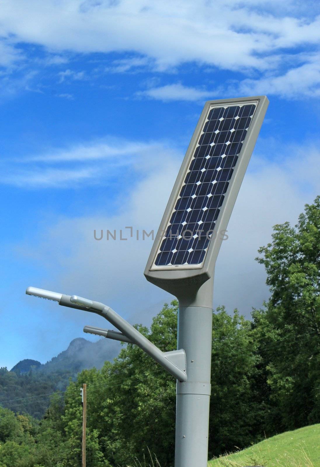 Street lamp post with solar panel energy in the mountain