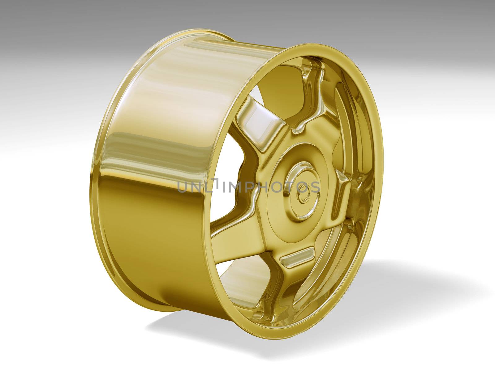 One big golden sport alloy wheel on a white floor