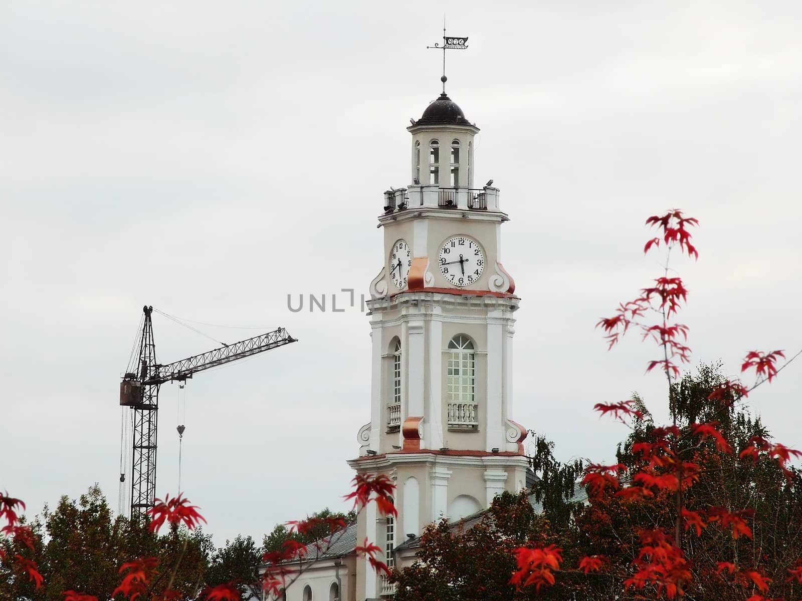 City tower with clock, crane tower  and autumn trees - Vitebsk , Belarus
