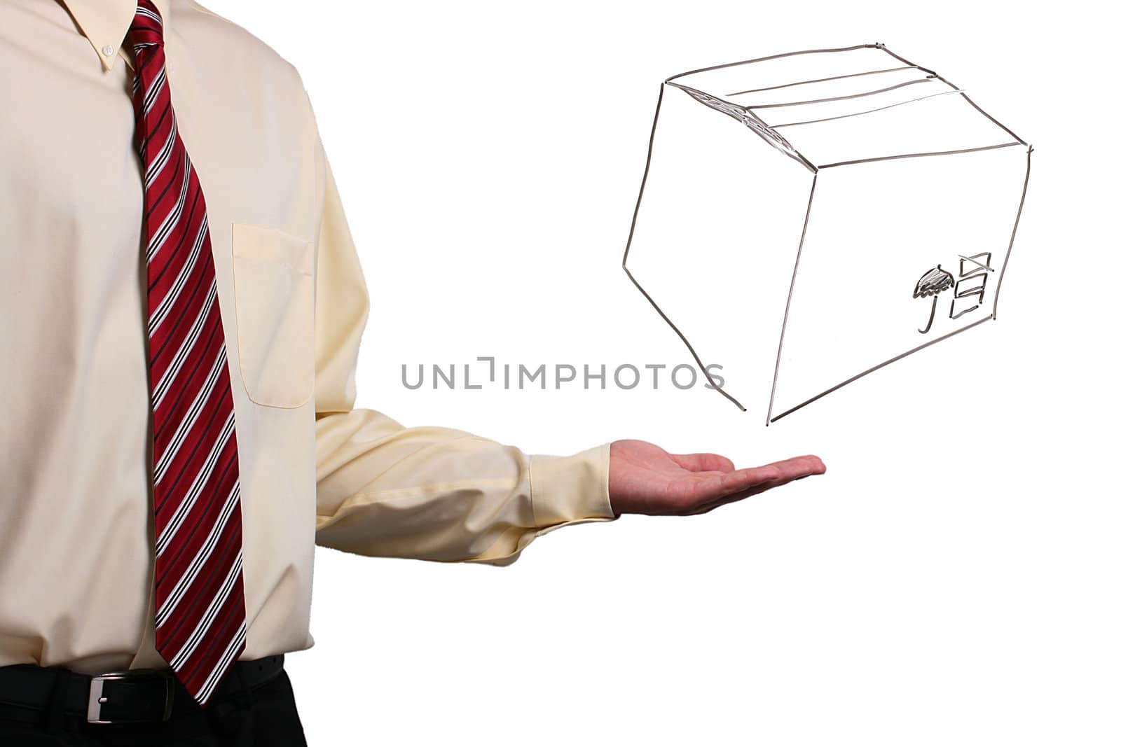 Man in a shirt and a tie holding his hand under a drawing of a box. Add your text to the box.