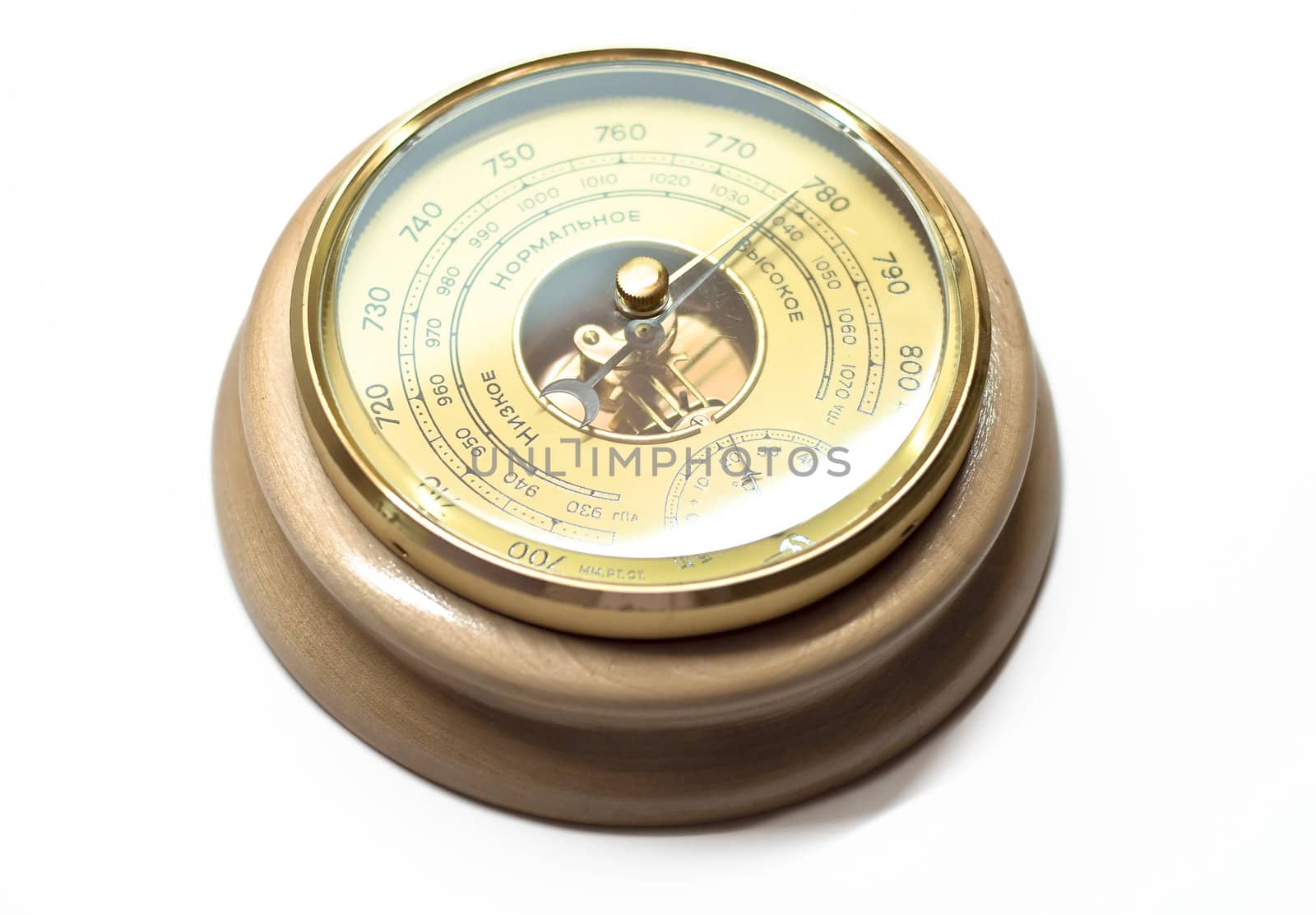 Wooden barometer on a white background. Arrow indicates high blood pressure. Isolation.