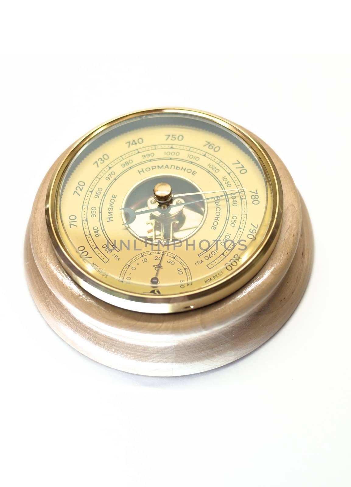 Wooden barometer on a white background. Arrow indicates high blood pressure. Isolation.