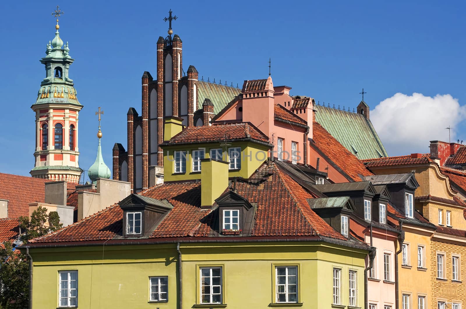Houses and churches in the Old Town of Warsaw, Poland.