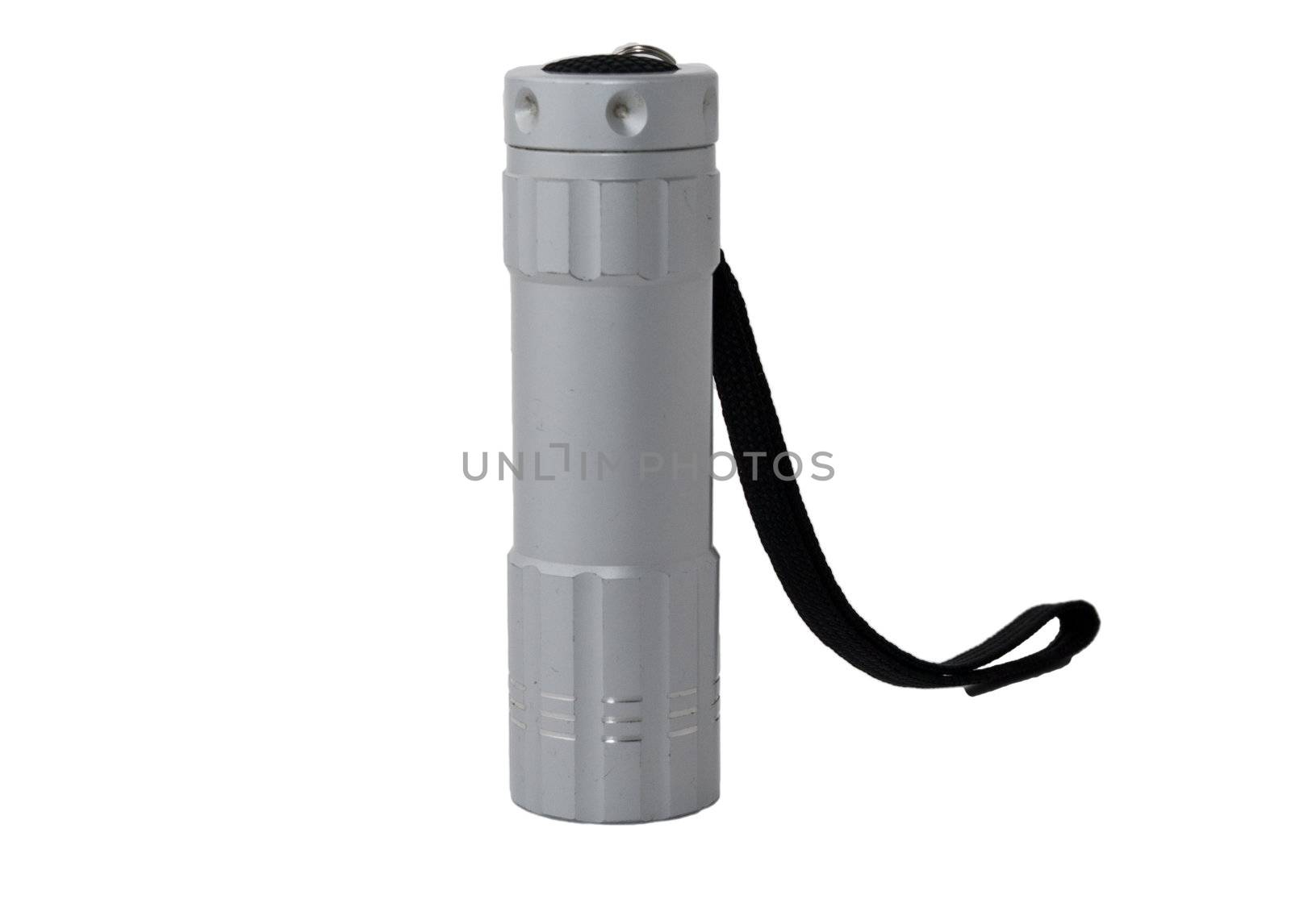 Aluminum flashlight with a black strap by Diversphoto