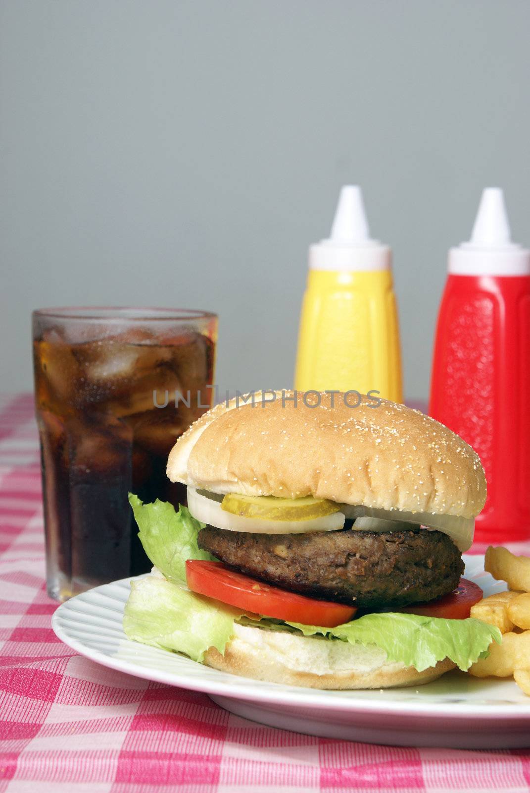 A freshly cooked hamburger and fries meal on a checkered tablecloth.