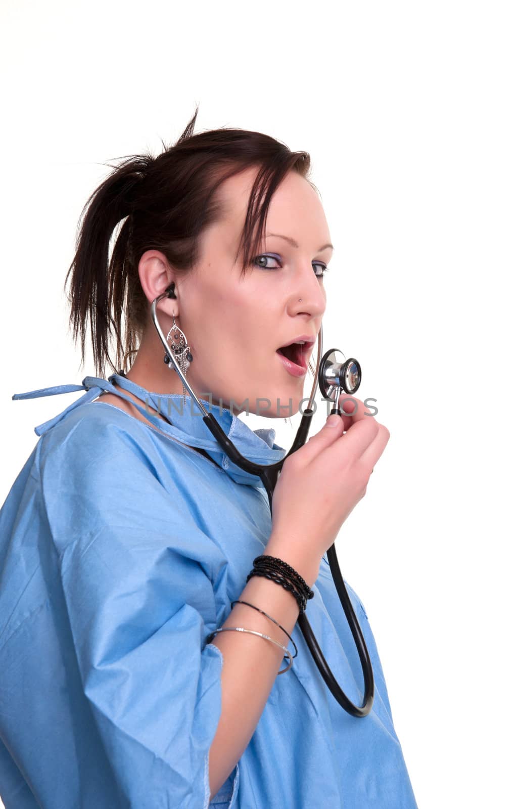 young doctor or nurse in blue scrubs isolated on white background