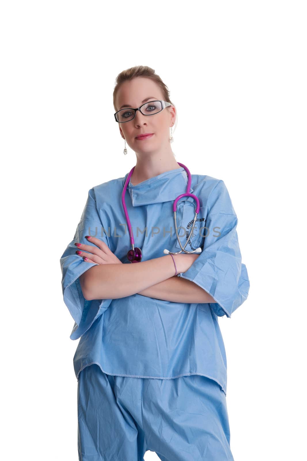 young doctor or nurse in blue scrubs isolated on white background