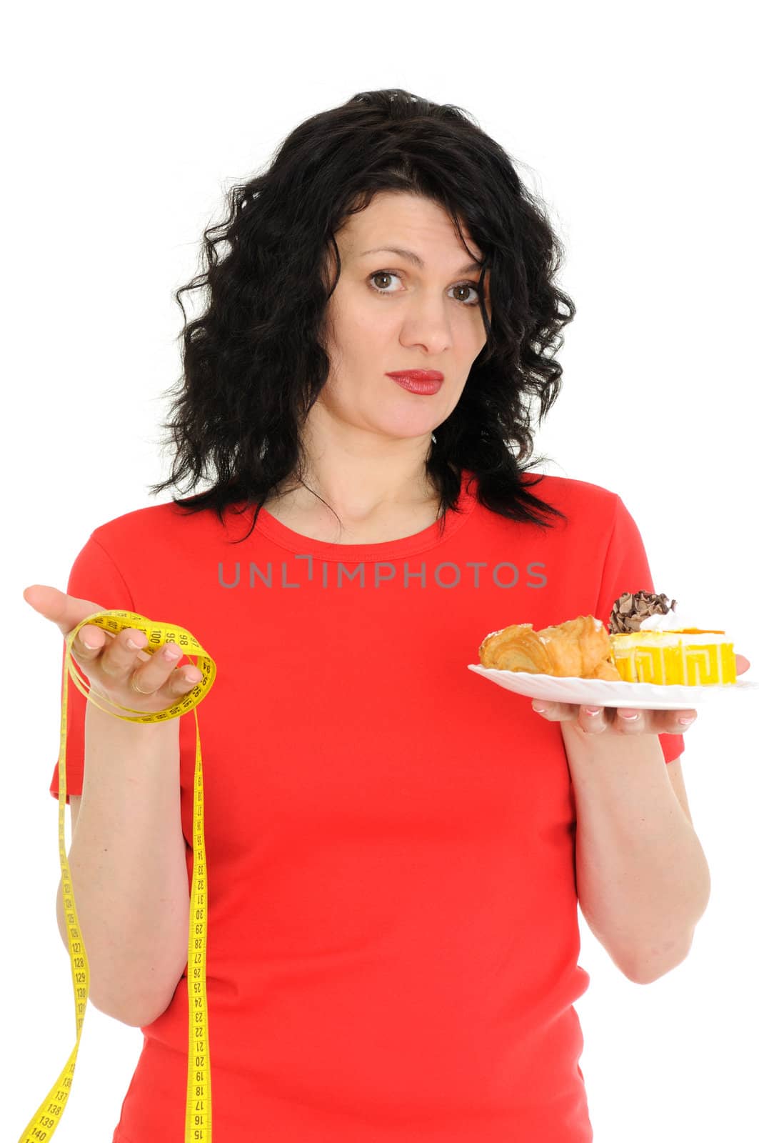 woman with cake and measuring tape isolated on white background