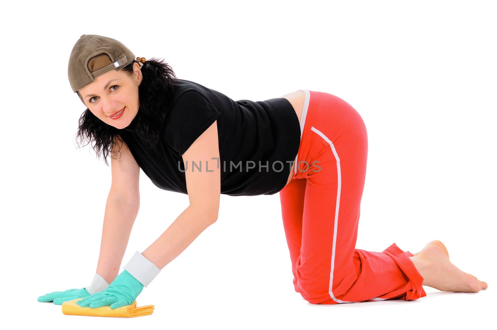 The woman washes a floor isolated on white background