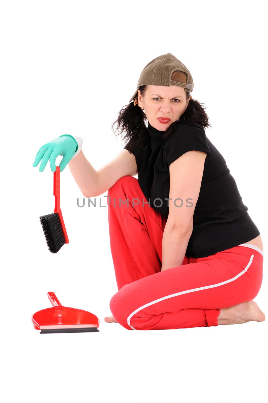 The dissatisfied woman makes cleaning isolated on white background