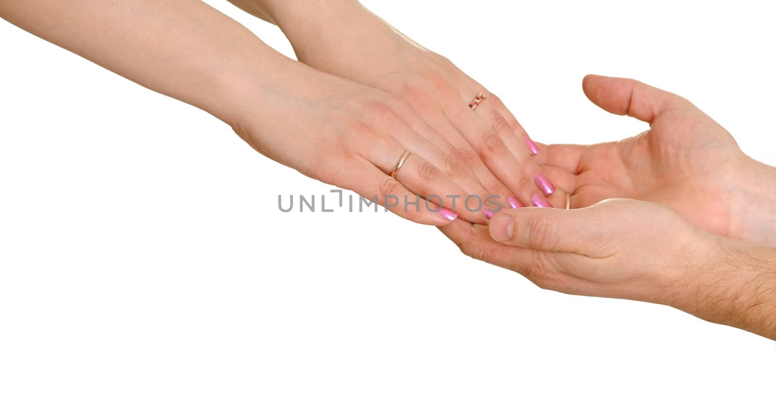 Man's and female hand isolated on white background