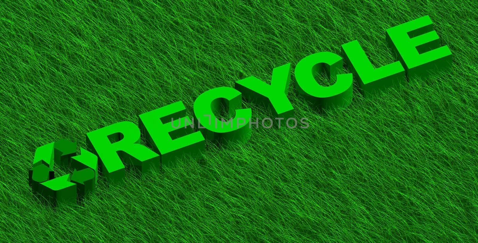 3D illustration of recycle word over green grass