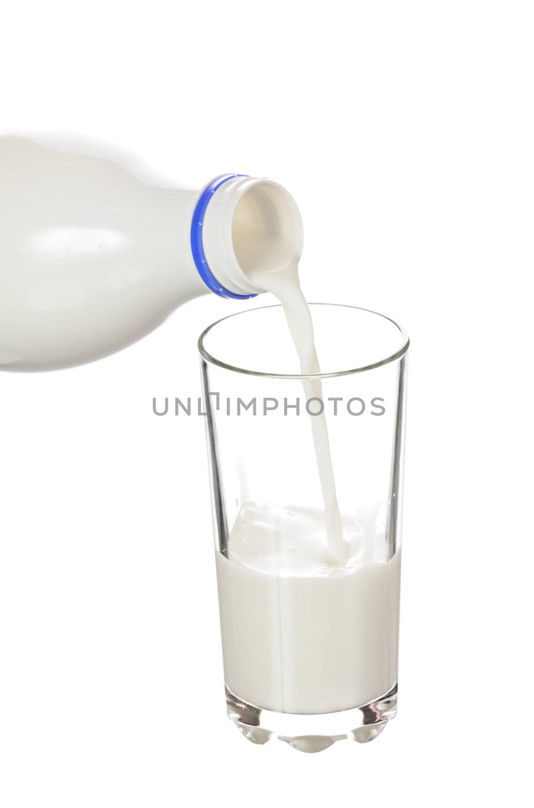 To pour milk from a bottle in a glass isolated on white background