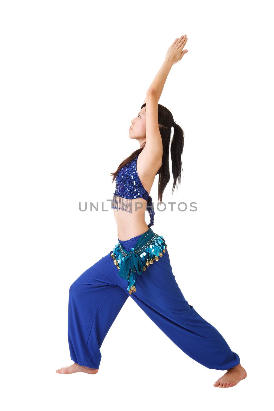 Yoga excising pose, full length portrait isolated on white.
