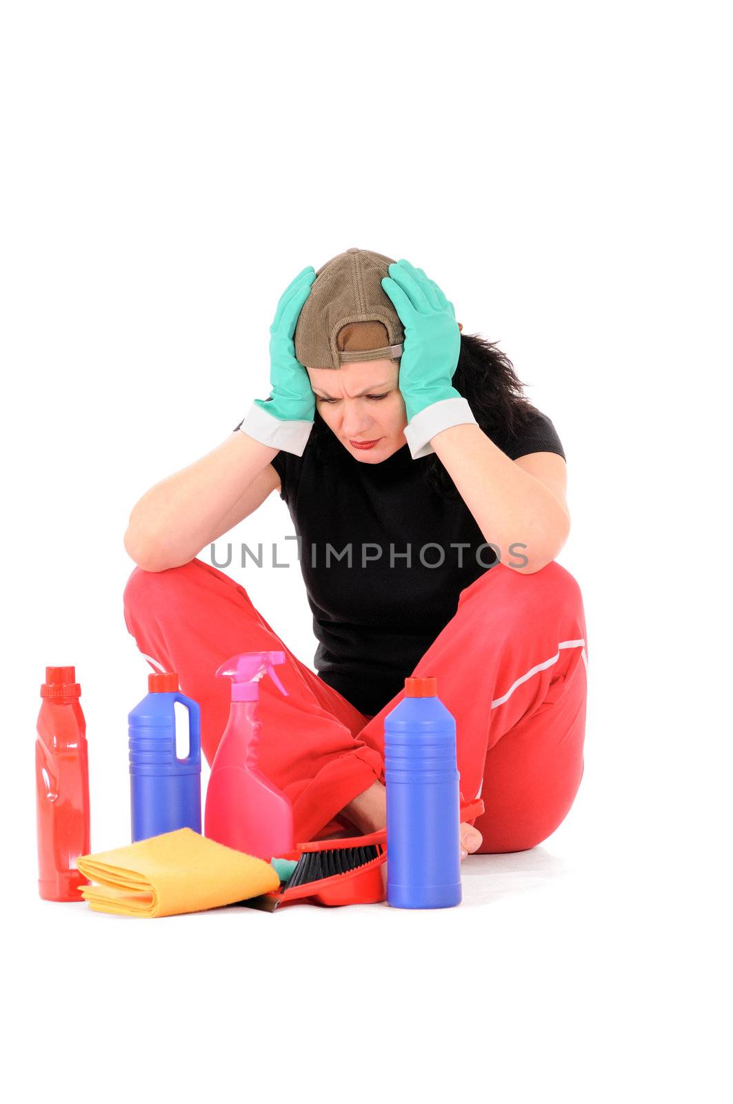 The woman has thought of washing-up liquids isolated on white background